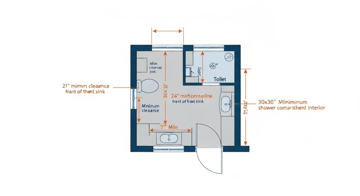 Diagram: IRC 305 minimum clearance requirements overlaid on a converted bathroom plan — labeled 21-inch minimum clearance in front of fixtures, 24-inch toilet centerline clearance, 30-inch shower compartment minimum, and 30-inch range cooking aisle equivalent for the bathroom aisle width