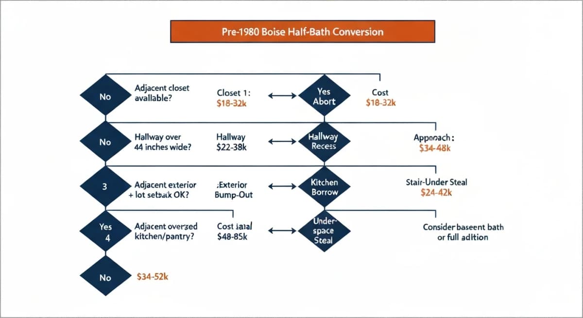 Flowchart: decision tree for selecting the right half-bath-to-full-bath conversion approach — branches based on adjacent space availability (closet present, hallway flexible, exterior wall accessible, kitchen/pantry expendable, under-stair space available) — each branch terminating in one of the five approaches with cost range labels
