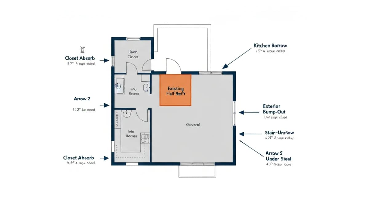 Diagram: floor plan comparison showing a typical pre-1980 Boise main-floor layout with the existing half-bath highlighted, and an arrow showing five potential expansion directions — into adjacent closet, into hallway, with exterior bump-out, into kitchen/pantry, or under-stair space — each labeled with approximate added square footage and primary trade-off