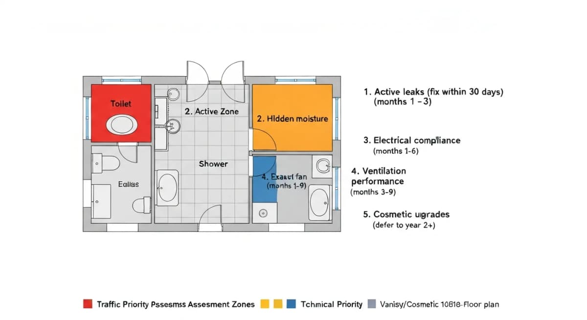 Architectural overhead floor plan diagram of a typical residential bathroom with five labeled priority zones for recent-buyer assessment — toilet (running/leaking check), shower waterproofing assessment, plumbing supply line inspection, exhaust fan/ventilation evaluation, and electrical (GFCI compliance), each color-coded by priority level (immediate vs first-year vs deferred)