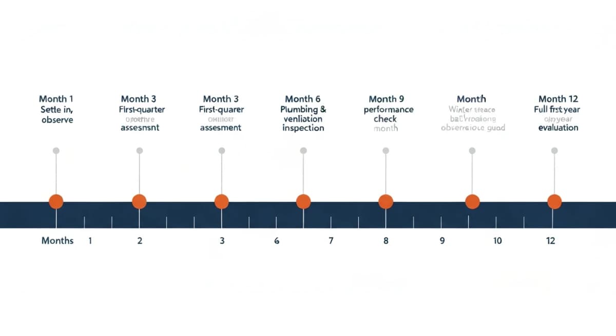 Timeline diagram showing the first 12 months of new homeownership with bathroom-related milestones marked — month 1 (settle in, observe), month 3 (first-quarter assessment), month 6 (mid-year inspection of plumbing and ventilation), month 9 (winter performance check), month 12 (full first-year evaluation) — each milestone with specific bathroom-related observation guidance