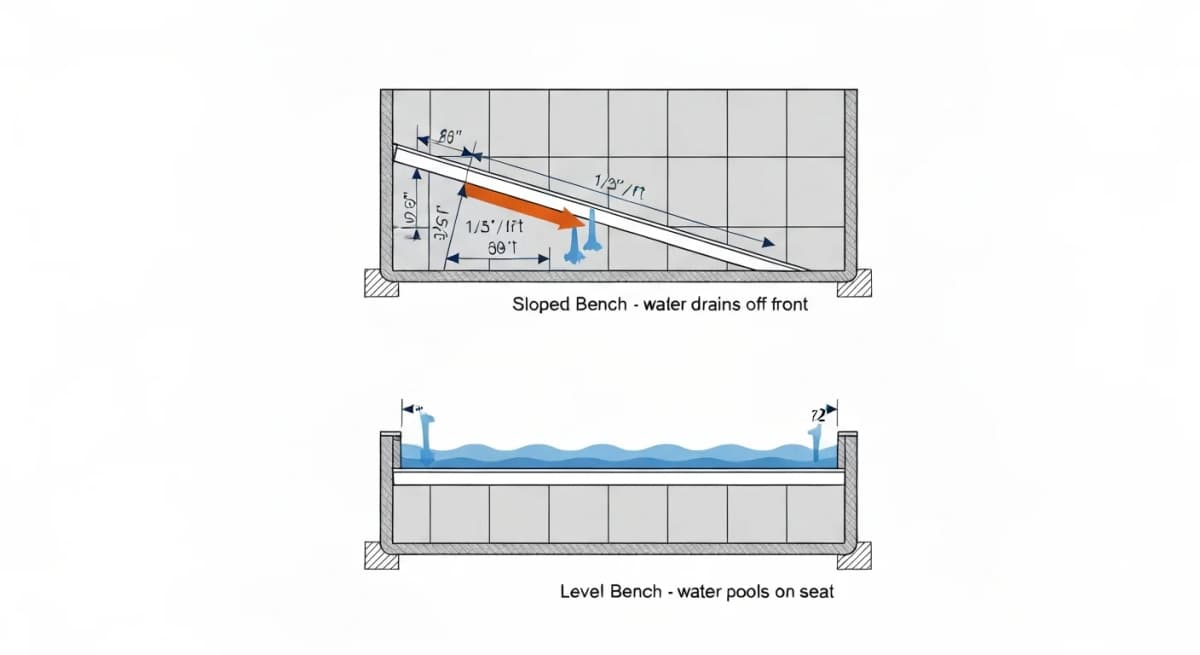 Cross-section diagram showing a shower bench with a slight rear-to-front slope of approximately one-quarter inch per linear foot, with water drainage arrows showing water flowing off the front of the bench rather than pooling, and labeled dimensions for the slope angle, seat depth, and front edge profile — alongside a comparison cross-section showing a level bench with water pooling indicated in blue