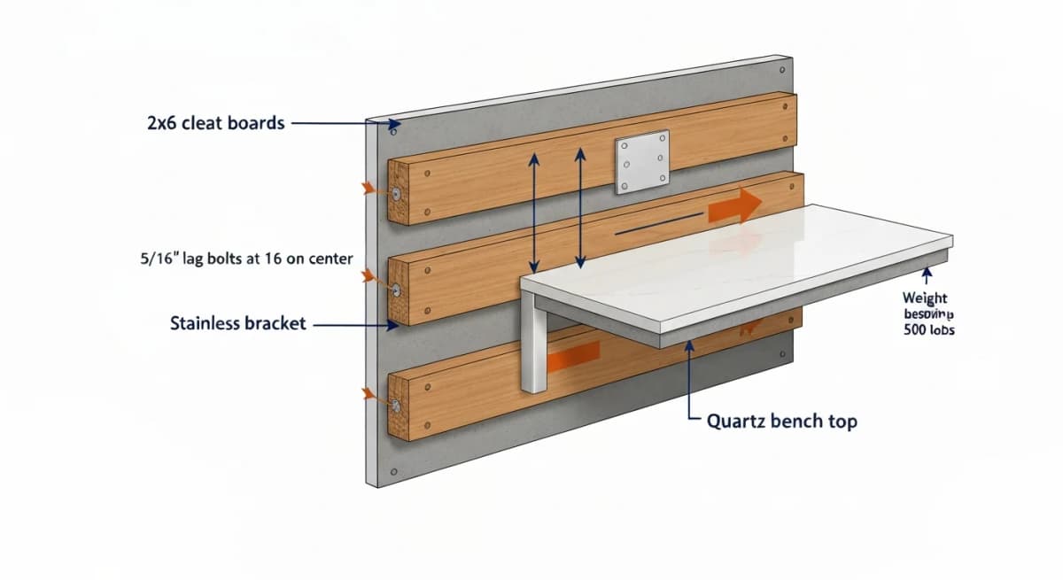 Architectural framing cross-section diagram showing the structural support for a heavy-duty shower bench — three 2x6 cleat boards lag-bolted into wall studs with the labeled bolt count and torque, a stainless steel bench frame brace, a concrete-board substrate over the cleats, and a quartz or stone bench top — with annotations on weight capacity and span limits across various bench widths