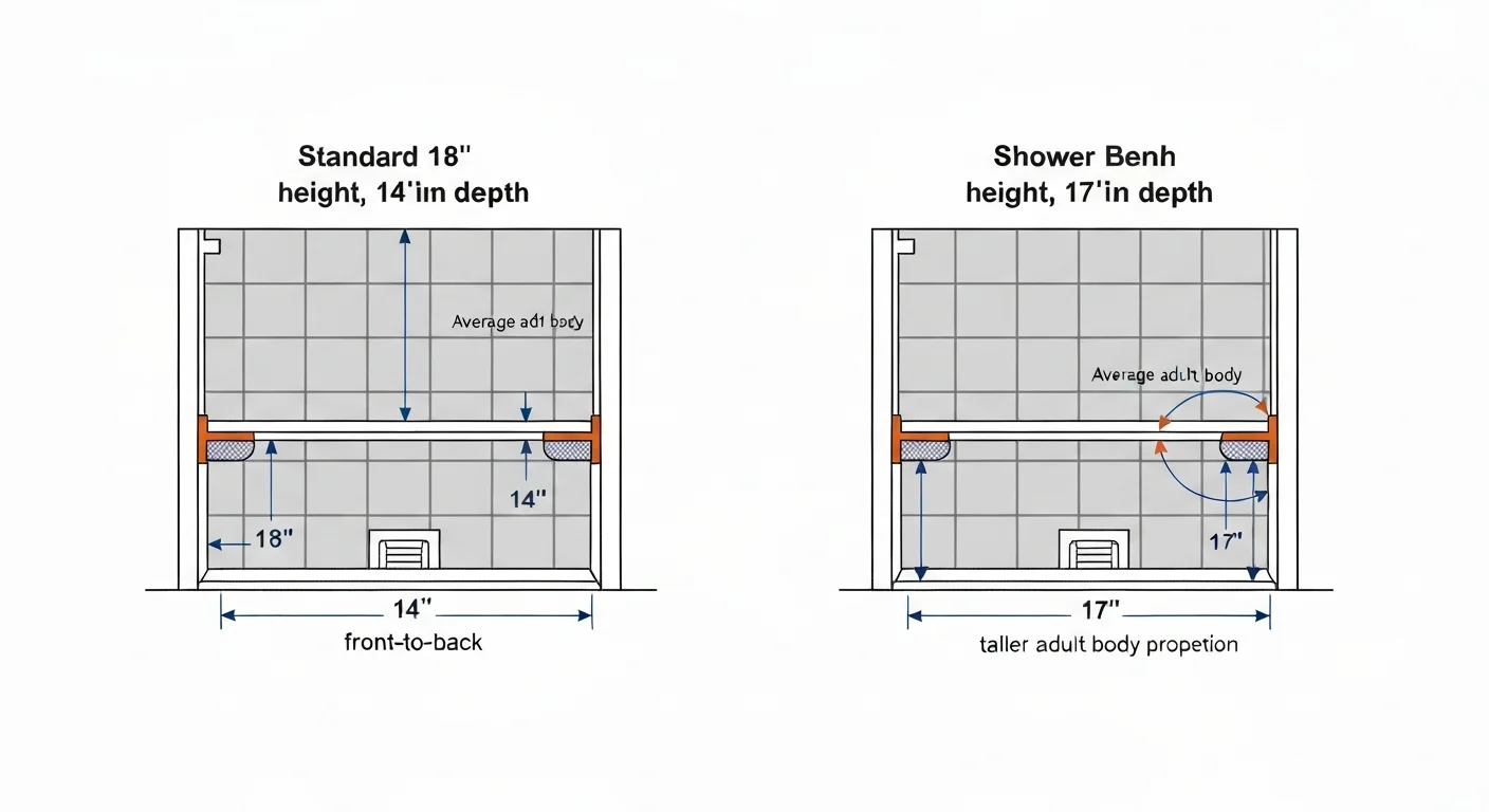 Architectural elevation diagram comparing two shower benches side by side — left side shows a standard 18-inch high, 14-inch deep bench labeled with average adult proportions; right side shows a 20-inch high, 17-inch deep bench labeled with 6'2+ adult proportions — both with dimension callouts for knee clearance, foot placement, lower back support height, and seat depth, demonstrating the geometric differences in how the body interfaces with each bench