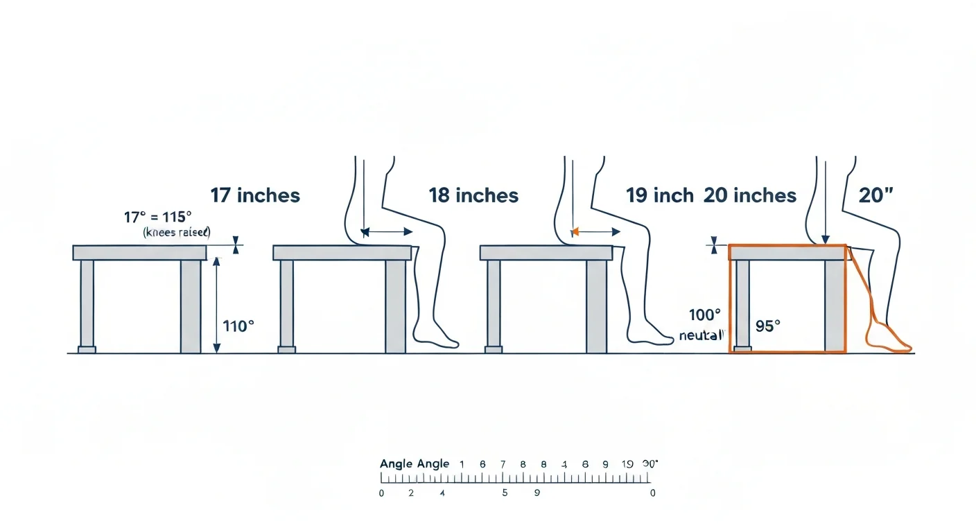 Side-elevation diagram showing four seat height configurations — 17, 18, 19, and 20 inches above shower floor — each with the corresponding knee angle and thigh angle labeled in degrees, demonstrating that for a user with a 19-inch lower leg the 20-inch seat produces a roughly 95-degree knee angle vs the standard 18-inch seat producing a 110-degree knee angle (knees raised), with the ergonomically optimal seat height highlighted