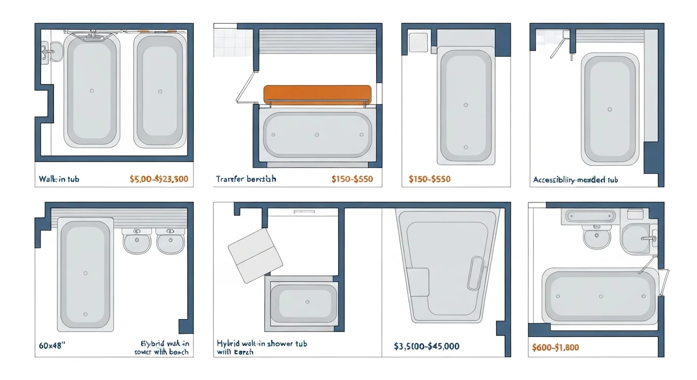 Architectural overhead floor plan diagram comparing five bath access solutions for mobility-limited users — walk-in tub (large footprint, door-entry), transfer bench in standard tub, tilt-back accessible tub, hybrid shower-bath with seat, side-entry tub with low threshold, and standard tub with accessibility grab bars — each labeled with footprint dimensions and use-case fit
