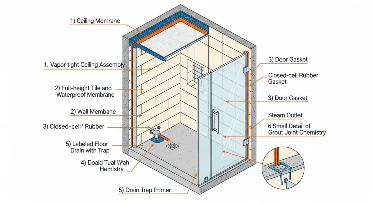 Diagram: cross-section of a properly sealed steam shower enclosure showing the vapor-tight ceiling assembly, full-height tile and membrane on all walls, rubber gasket at the glass door perimeter, and a labeled steam head outlet near floor level