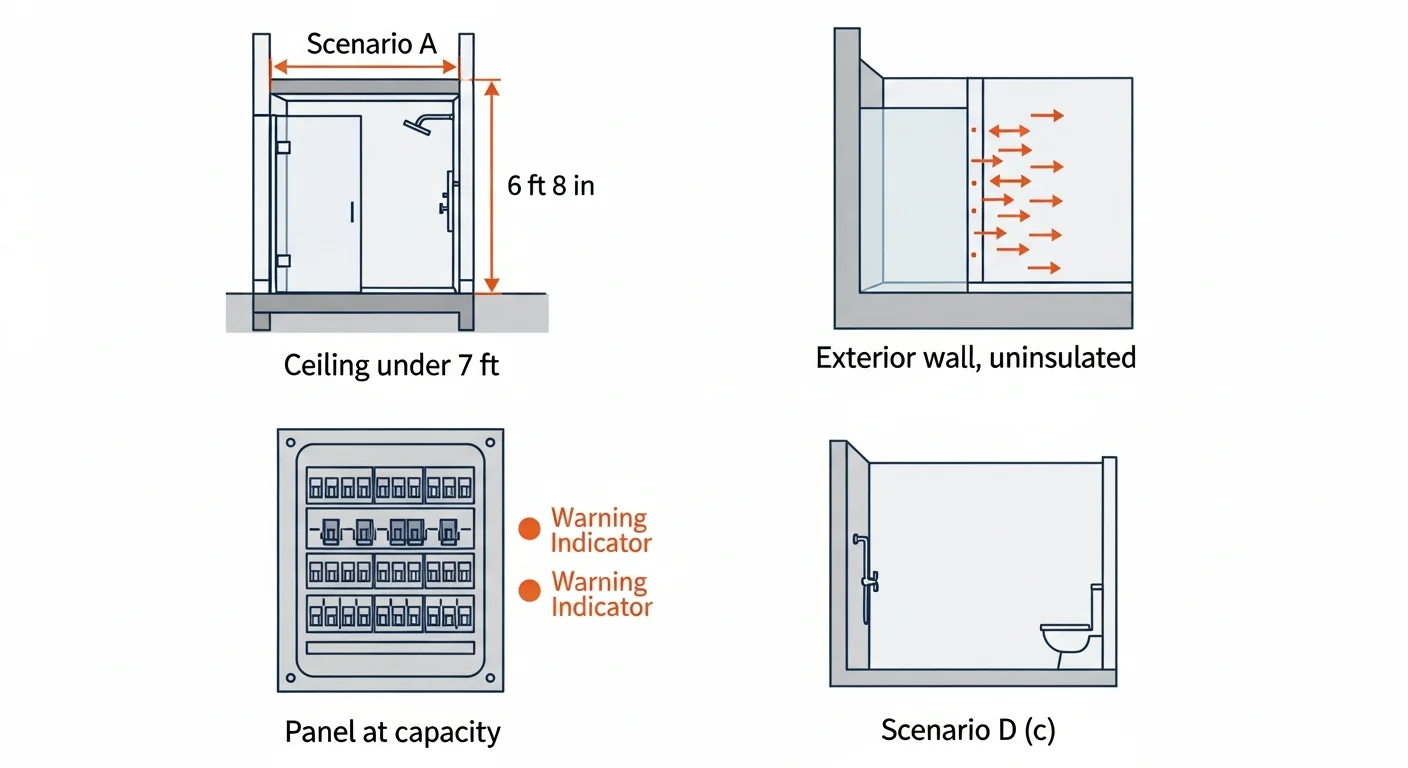 Illustration: four labeled bathroom scenarios where a steam shower install would fail or be inadvisable — under-7-foot ceiling, exterior wall enclosure, undersized electrical panel, and bathroom above a finished living space