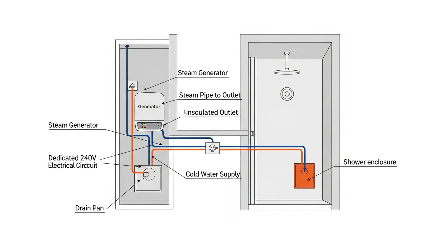 Diagram: rough-in plan view of a steam shower mechanical chase showing the steam generator location (typically attic, basement, or closet), the steam pipe routing to the shower head, the dedicated 240V electrical circuit, the cold water supply line, and the drain pan beneath the generator