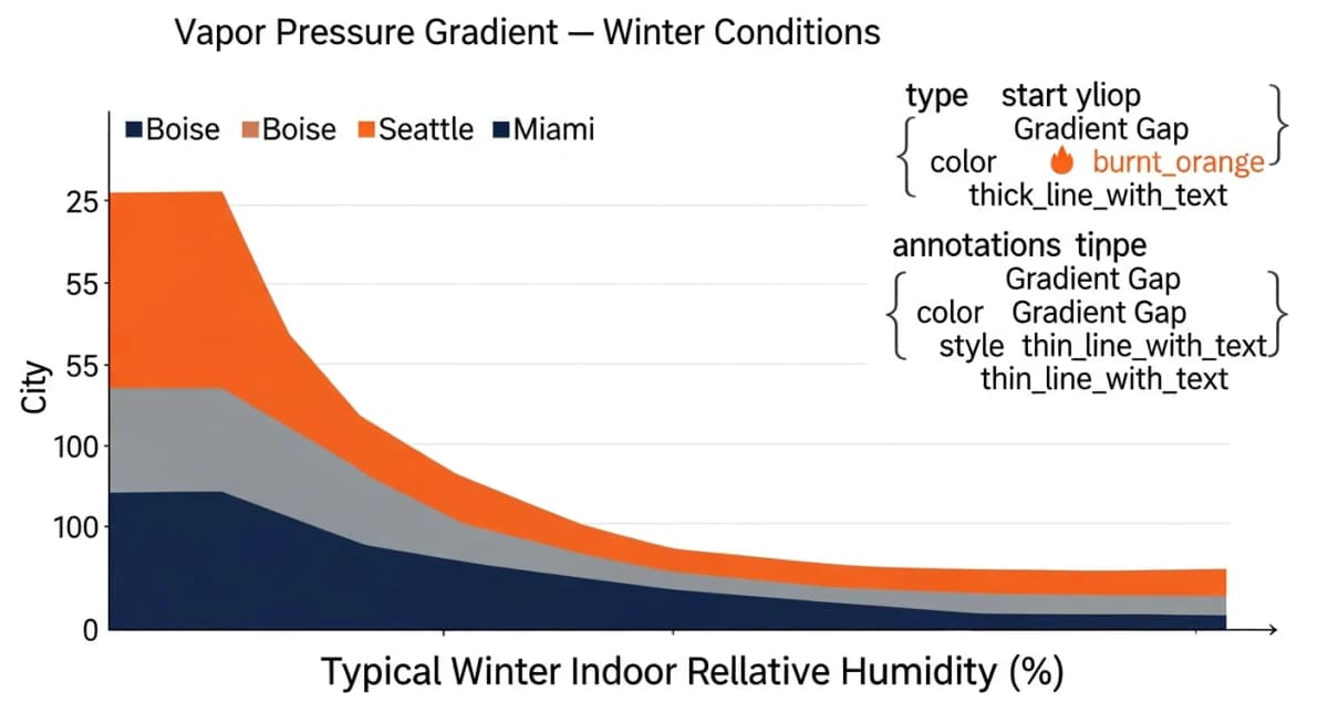 Diagram: comparative vapor pressure differential chart showing Boise, Seattle, and Miami winter relative humidity values plotted against steam shower interior conditions, with a labeled gap visualization showing Boise's larger moisture-transport gradient