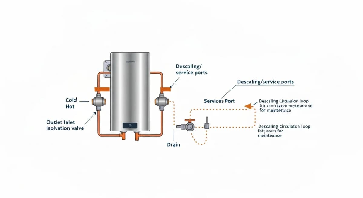 Plumbing diagram showing isolation valves and descaling port configuration for tankless water heater — labeled inlet and outlet isolation valves (Watts FBV or equivalent), descaling/service port between the valves, drain hose connection, and the circulation loop for descaling solution flow during maintenance