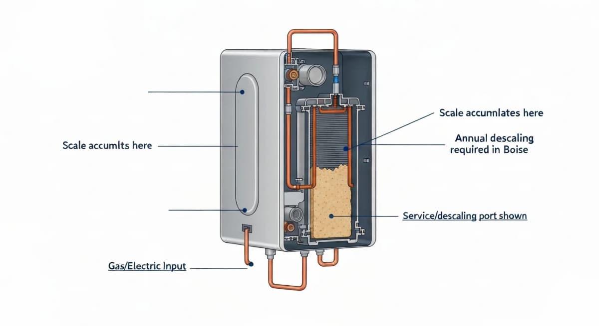 Cross-section cutaway diagram of a residential tankless water heater showing internal heat exchanger with mineral scale buildup highlighted, water supply lines, gas/electric input, and the descaling port for maintenance access — annotated with Boise-specific scale-accumulation timeline (6-12 months for visible buildup) and labeled maintenance access points