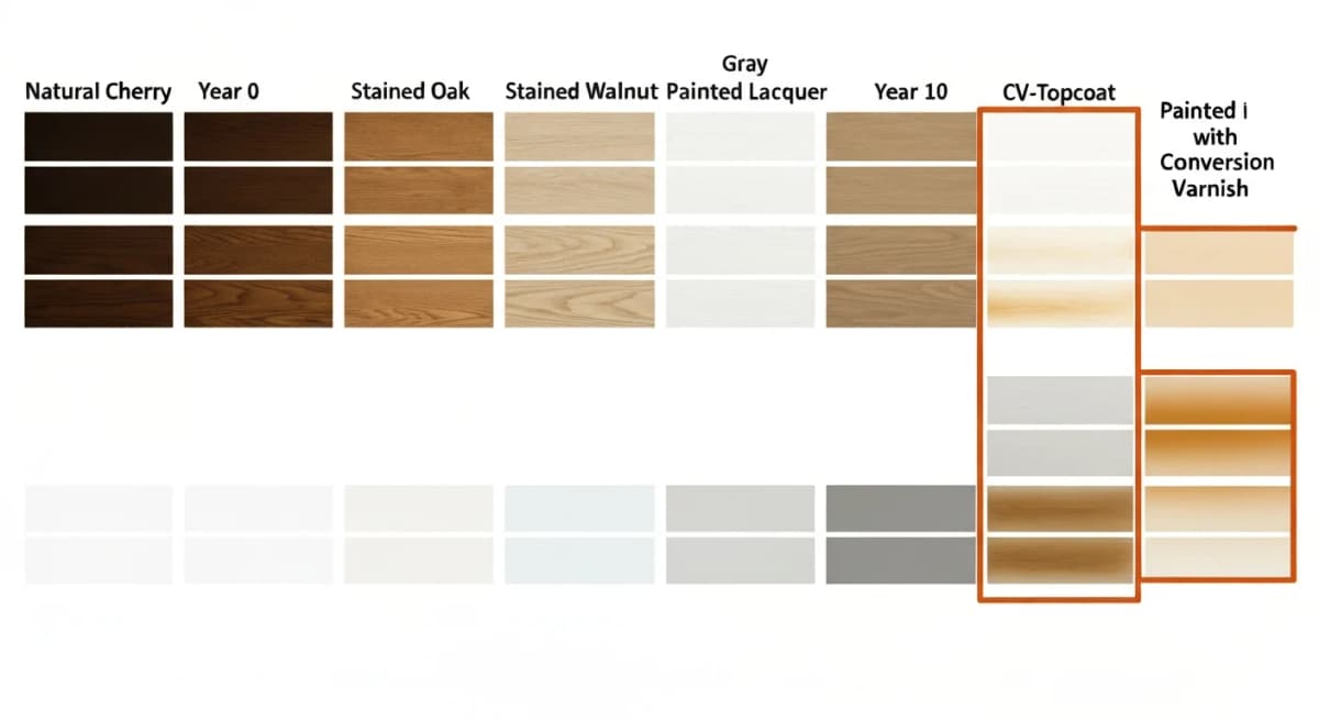 Comparison chart showing six cabinet finish types and their relative UV fade resistance over time — labeled left to right: stained natural cherry, stained natural oak, stained natural walnut, painted white lacquer, painted gray lacquer, conversion-varnish topcoat — each finish shown as a vertical strip with three age stages (year 0, year 5, year 10) demonstrating progressive fade, with the most fade-resistant finishes highlighted