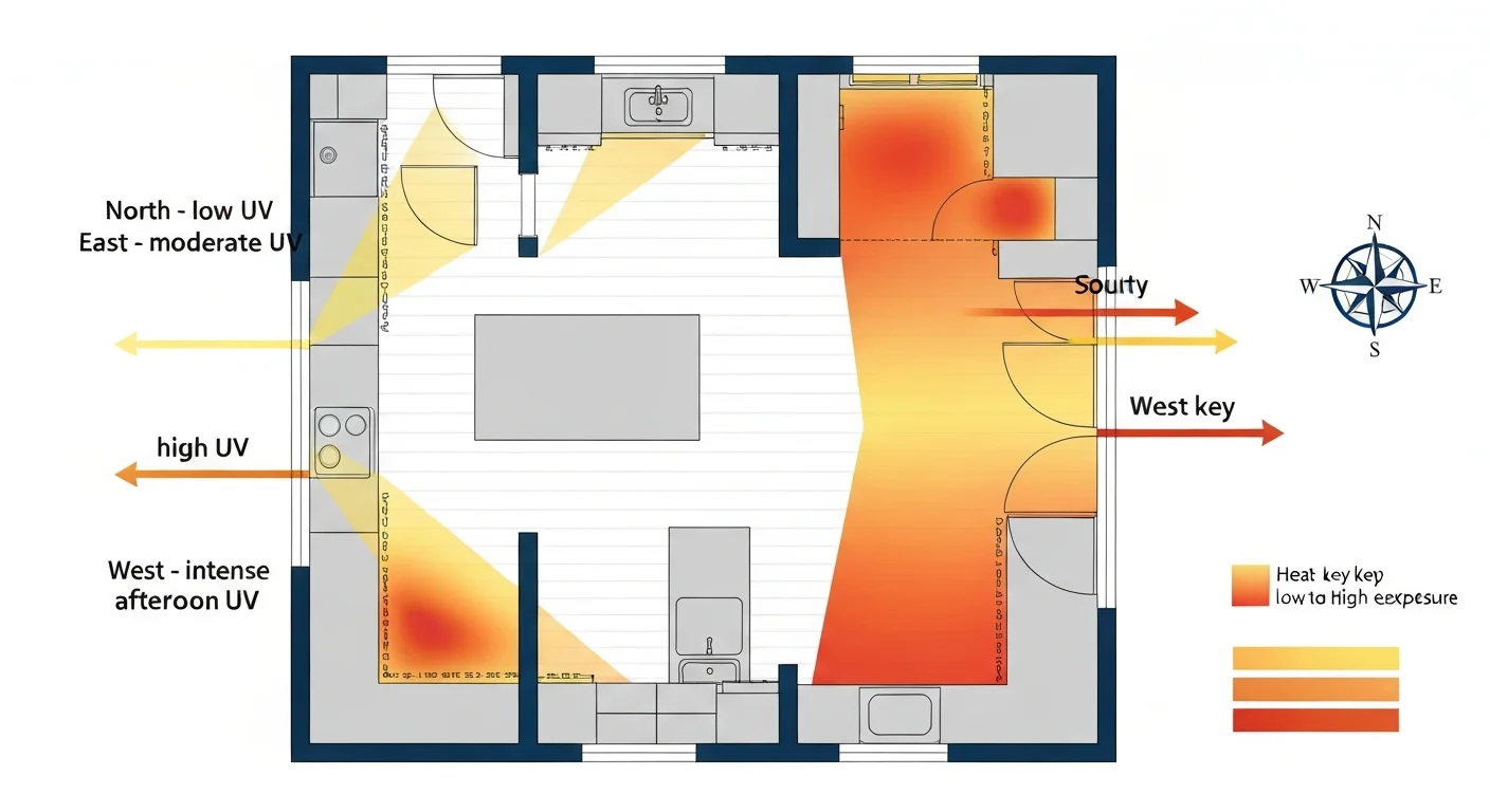 Architectural overhead floor plan diagram of a typical Boise kitchen with the four compass-direction window exposures labeled and color-coded — north window (low UV), east window (moderate morning UV), south window (high UV all day), west window (intense afternoon UV) — with sun-path arrows showing seasonal angles, and a color-graded heat map overlay on the cabinet surfaces showing where fade exposure is most concentrated