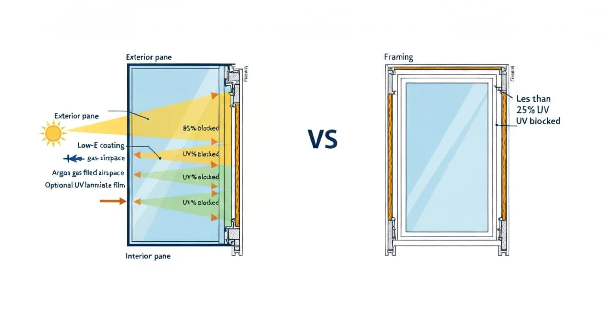 Cross-section diagram of a window assembly showing the layers of UV-filtering glass — exterior pane, low-E coating on interior surface of exterior pane, argon gas-filled space, second pane with optional UV-filtering laminate film, with annotations indicating the percentage of UV radiation blocked at each layer — adjacent comparison to a standard single-pane non-low-E window showing minimal UV blocking