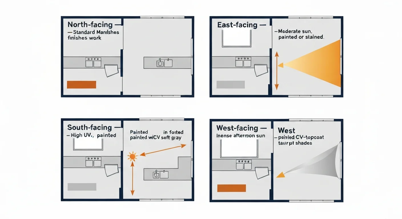 Architectural diagram showing four kitchen layouts each with a different window orientation — north-facing kitchen with single window labeled low UV, east-facing kitchen with morning-sun window labeled moderate UV, south-facing kitchen with large window labeled highest UV, west-facing kitchen with afternoon-sun window labeled intense UV — each kitchen has cabinet finish recommendation overlaid as a color-coded rectangle