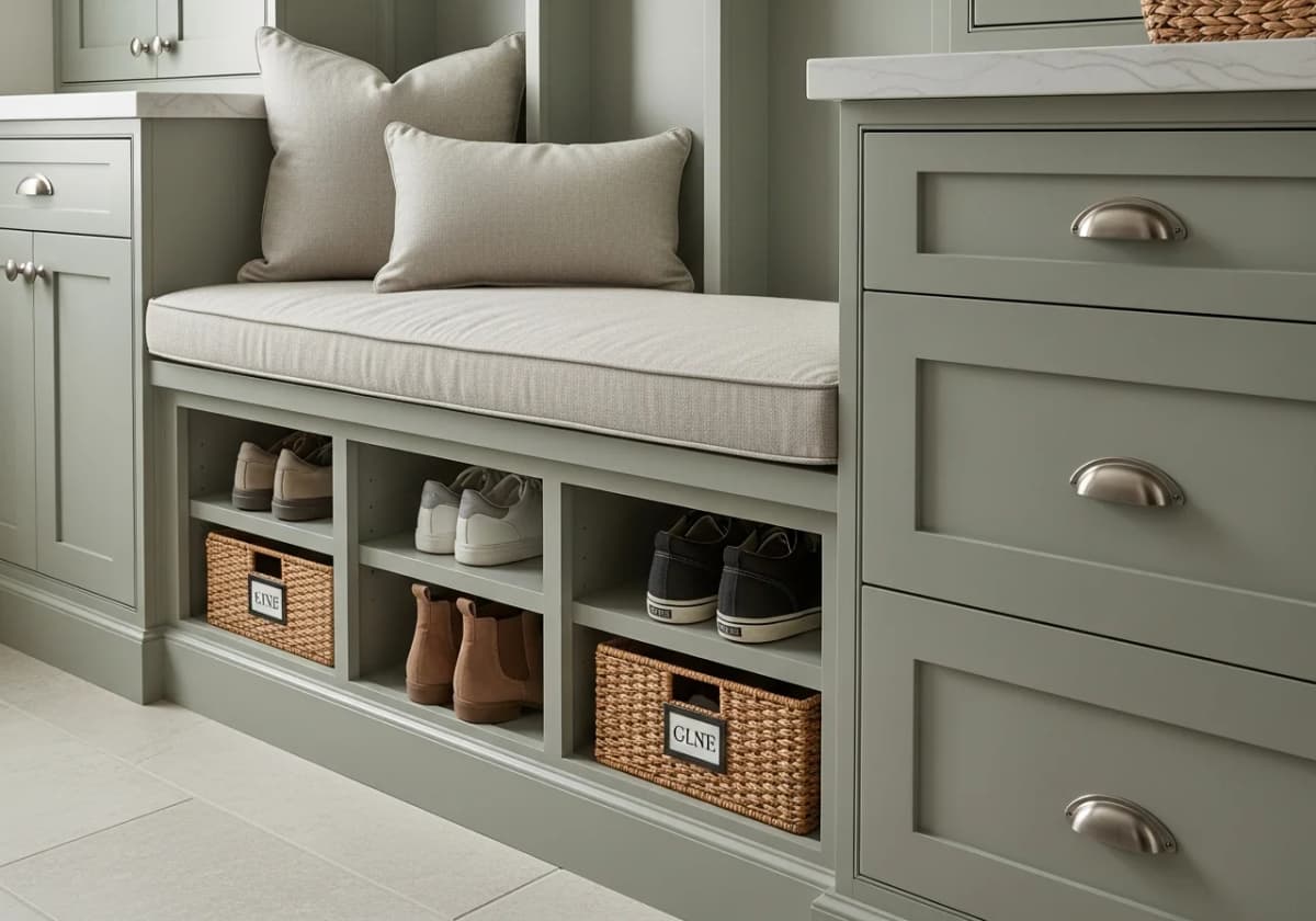 Built-in mudroom bench with cushioned seat, lower shoe cubbies, and labeled storage baskets