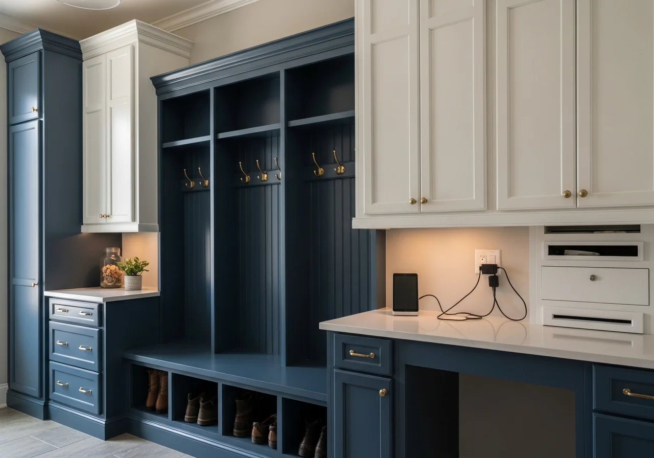 Custom floor-to-ceiling mudroom built-ins with cabinets, drawers, hooks, and a bench in a Boise home