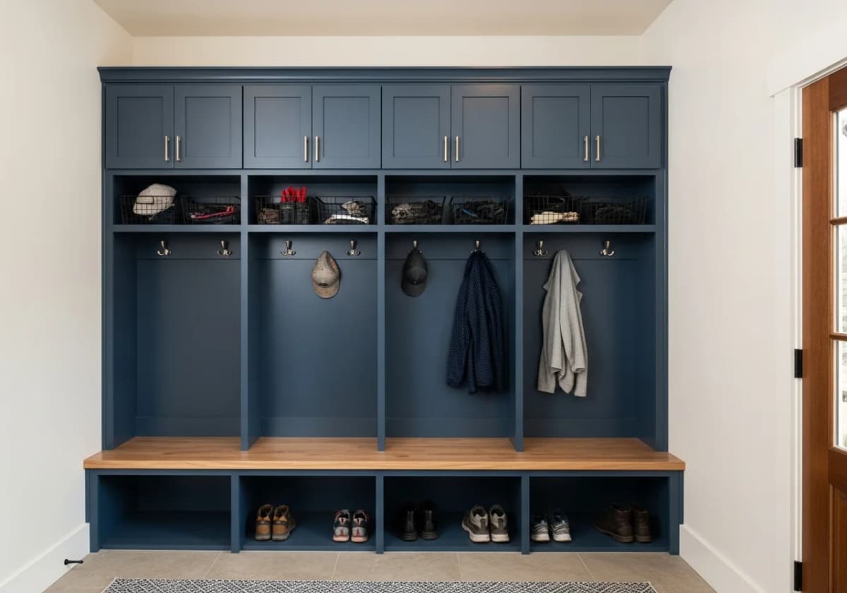 Custom navy built-in mudroom lockers with hooks and an upper shelf in a Boise garage entry