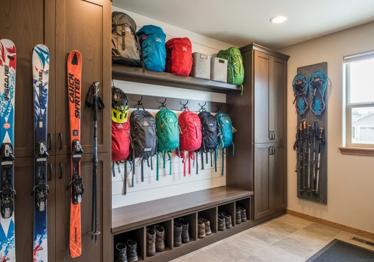 Mudroom with tall cabinets and hooks holding ski, bike, and outdoor gear in a Treasure Valley Idaho home