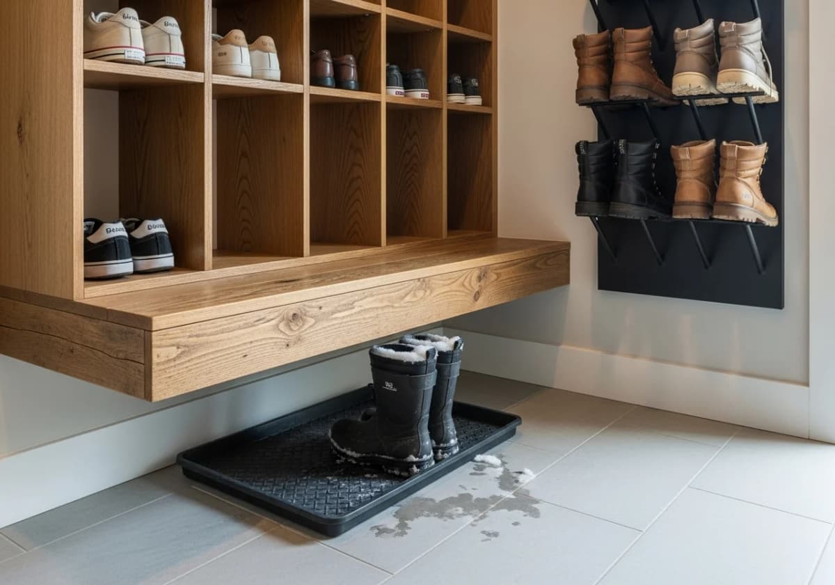 Vertical and cubby shoe storage in a Boise mudroom with a bench and boot tray