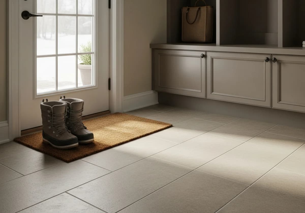 Durable porcelain tile floor at a mudroom exterior door with snow boots on a mat in a Boise home