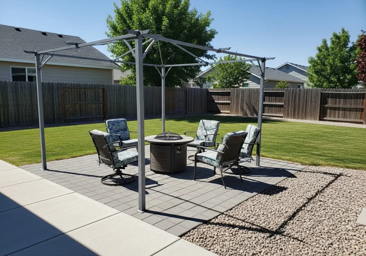 A simple paver patio with a freestanding fire pit and a pressure-treated pergola in a Boise backyard