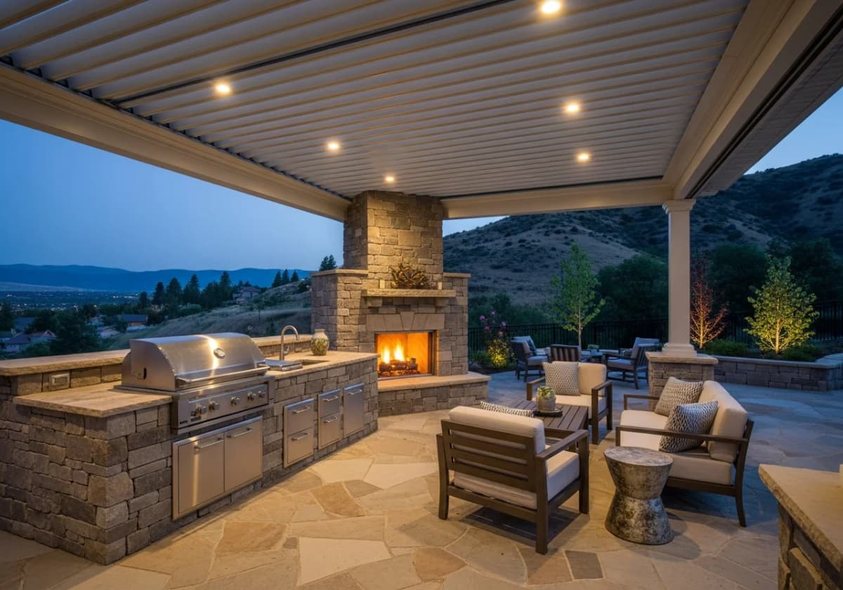 A high-end outdoor living room with a custom outdoor kitchen, masonry fireplace, louvered pavilion, and natural-stone patio on a Boise foothills property