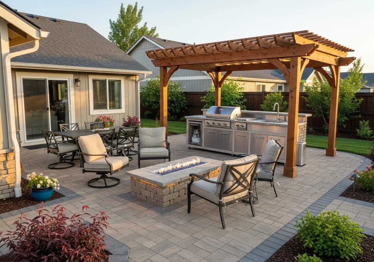A mid-range outdoor living space with a cedar pergola, larger paver patio, and a modular outdoor kitchen island in the Treasure Valley