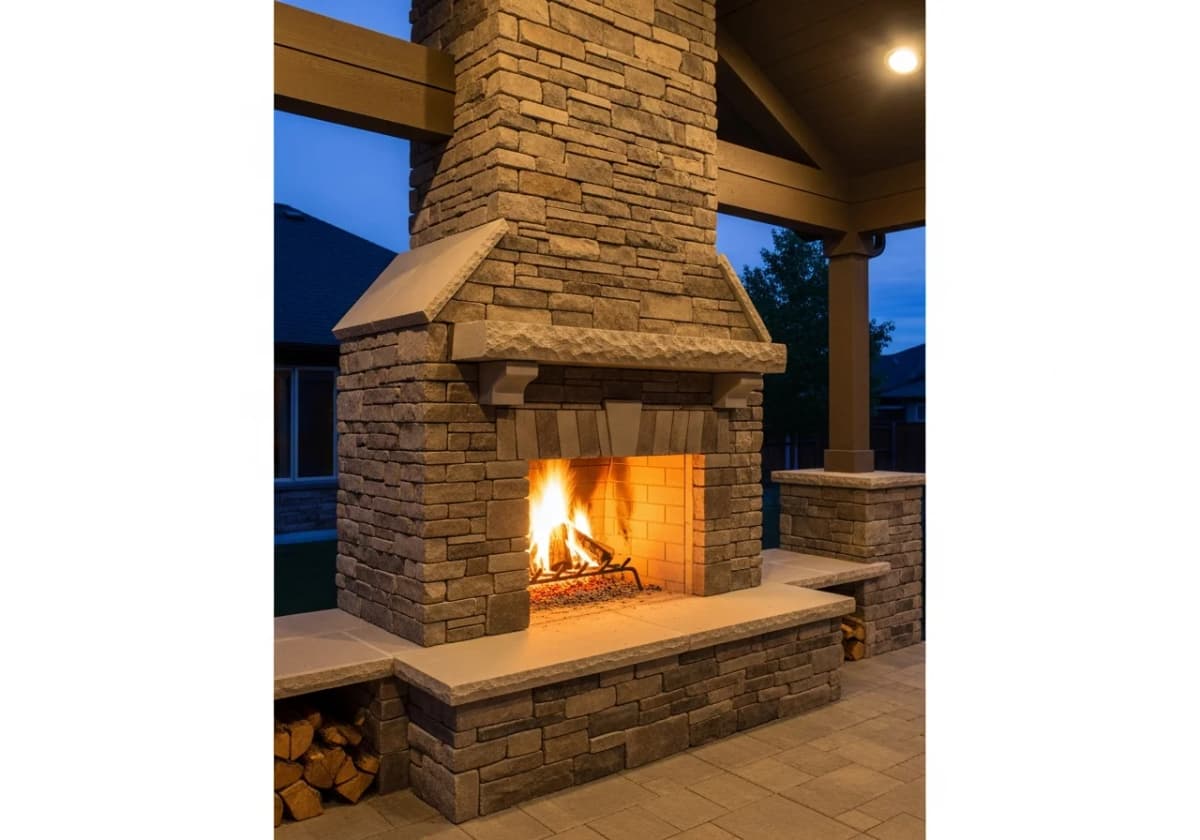 A tall natural stone outdoor fireplace with a chimney on a covered patio in the Treasure Valley