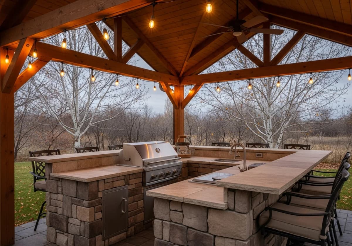 Covered outdoor kitchen with raised bar seating and stools on a Treasure Valley patio in cooler weather