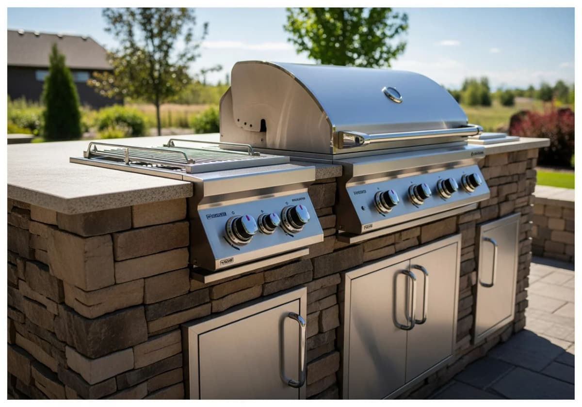 A stainless built-in grill set into a stone outdoor kitchen island on a Boise backyard patio