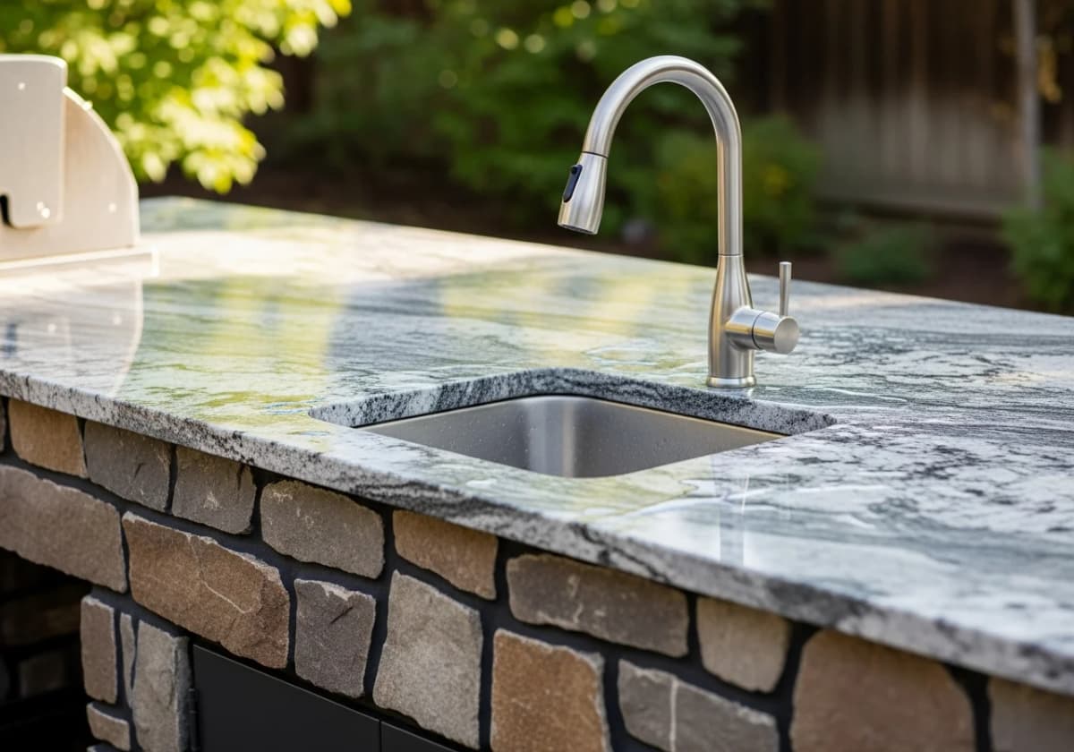 Close-up of a sealed stone countertop on a custom outdoor kitchen with a built-in sink in a Boise backyard