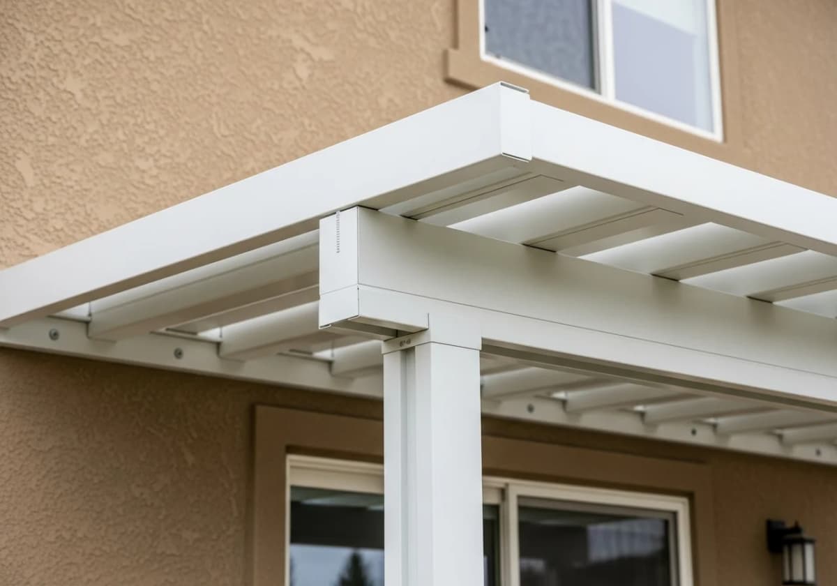 Close-up of a modern aluminum patio cover structure attached to a Boise home