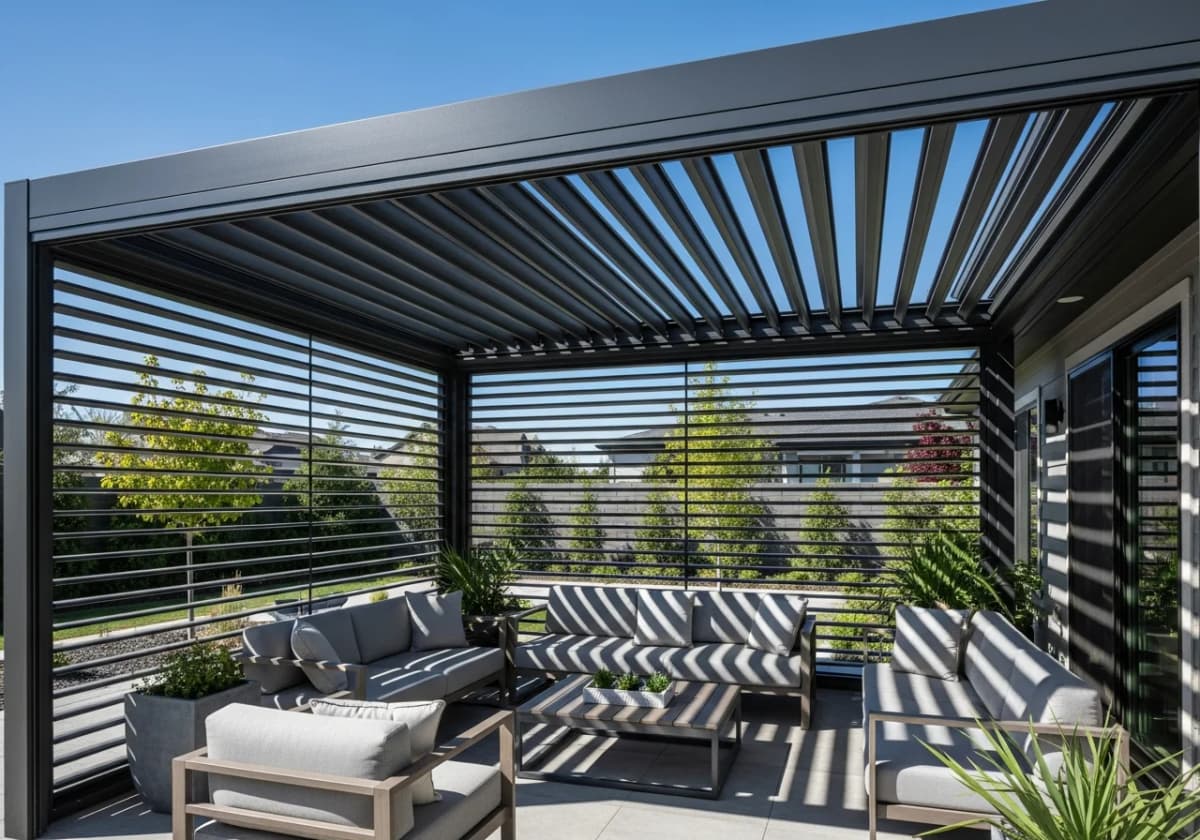 An adjustable louvered aluminum patio cover with the slats partially open over a Treasure Valley backyard