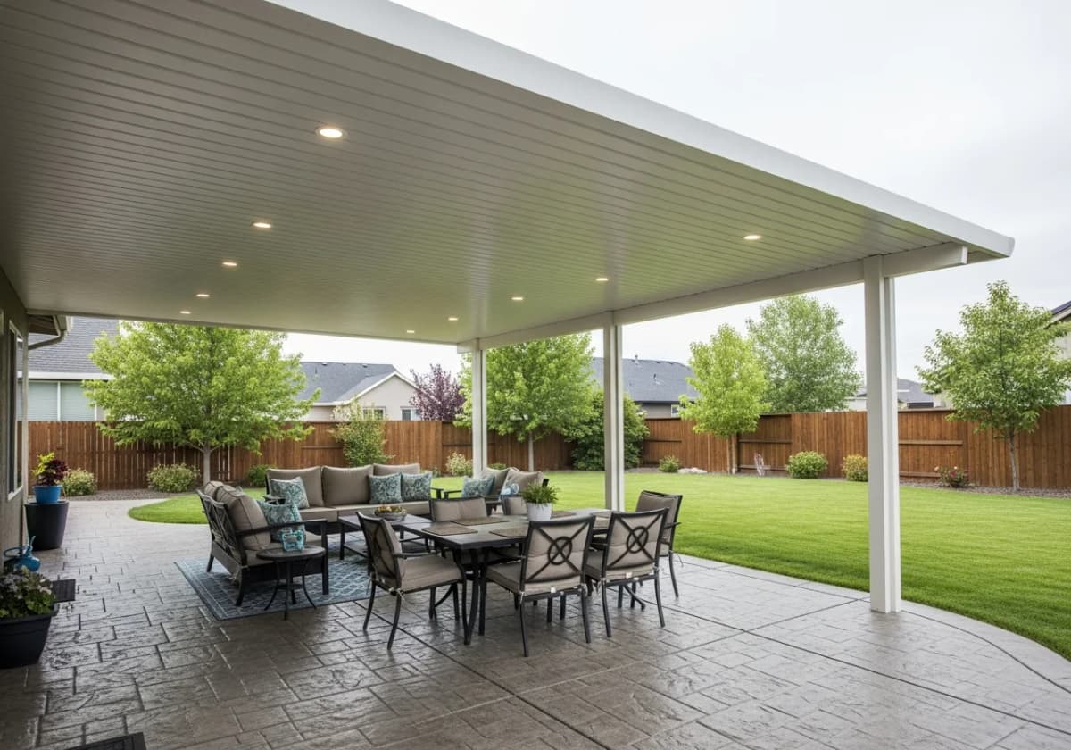 A solid-roof aluminum patio cover shading a furnished patio at a Boise home
