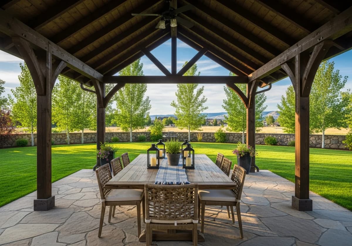 A large open-sided backyard pavilion with a gable roof covering a patio dining area in a Treasure Valley home
