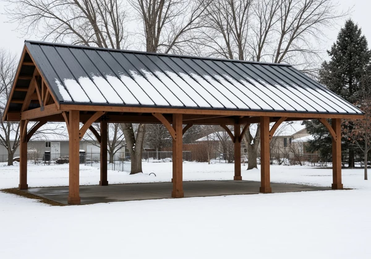 A backyard pavilion with a standing-seam metal roof shedding snow in a Treasure Valley winter