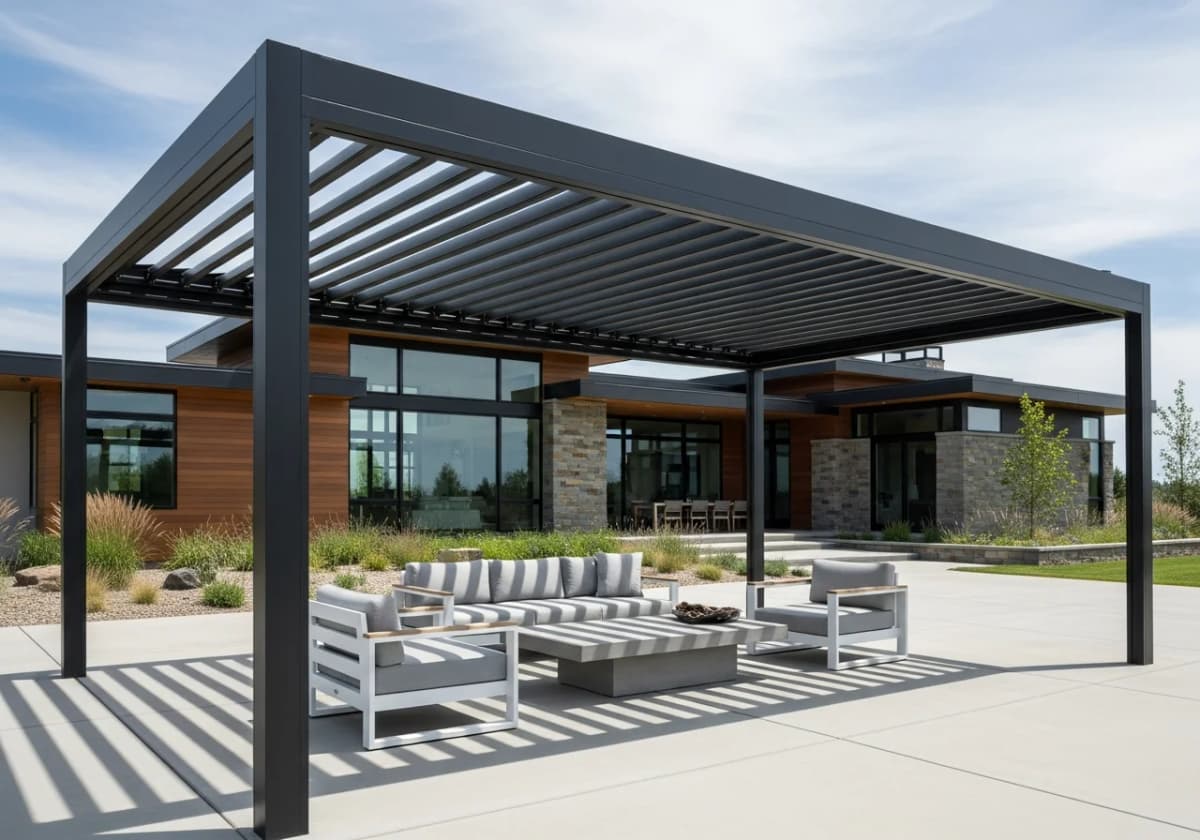 A modern black aluminum louvered pergola with adjustable roof panels over a Treasure Valley patio