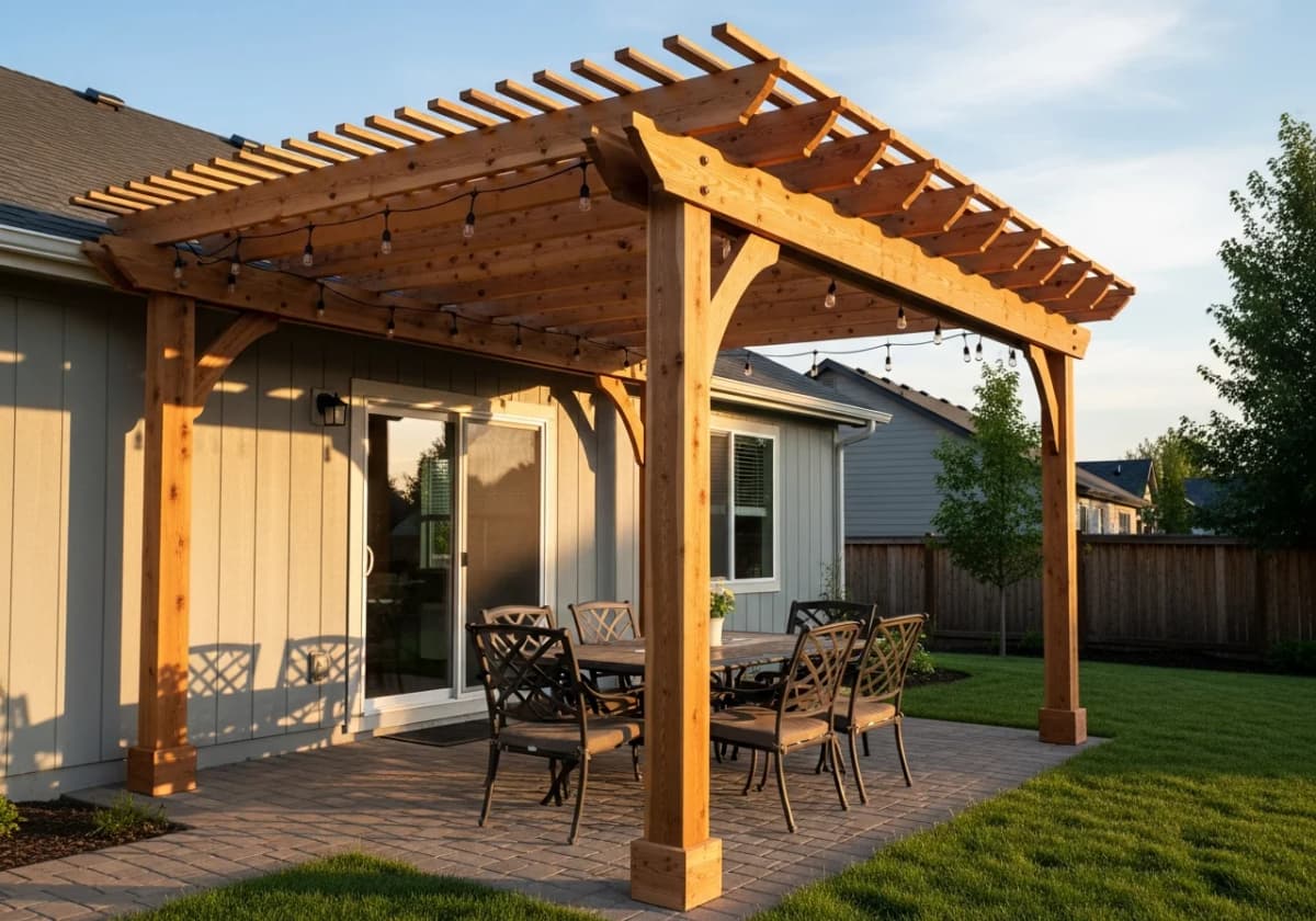 An attached cedar pergola extending off the back of a Boise home over a furnished patio