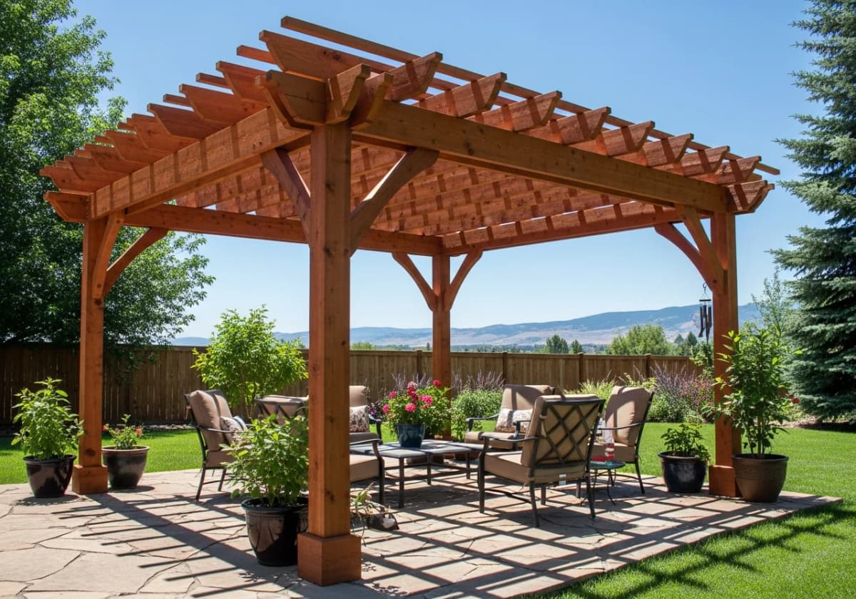 A custom cedar pergola shading a backyard patio with the Boise foothills in the background