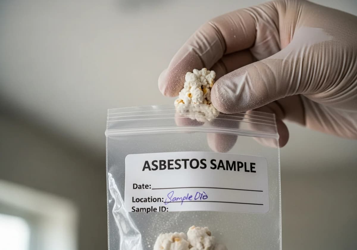 A gloved hand bagging a small popcorn ceiling sample for asbestos laboratory testing