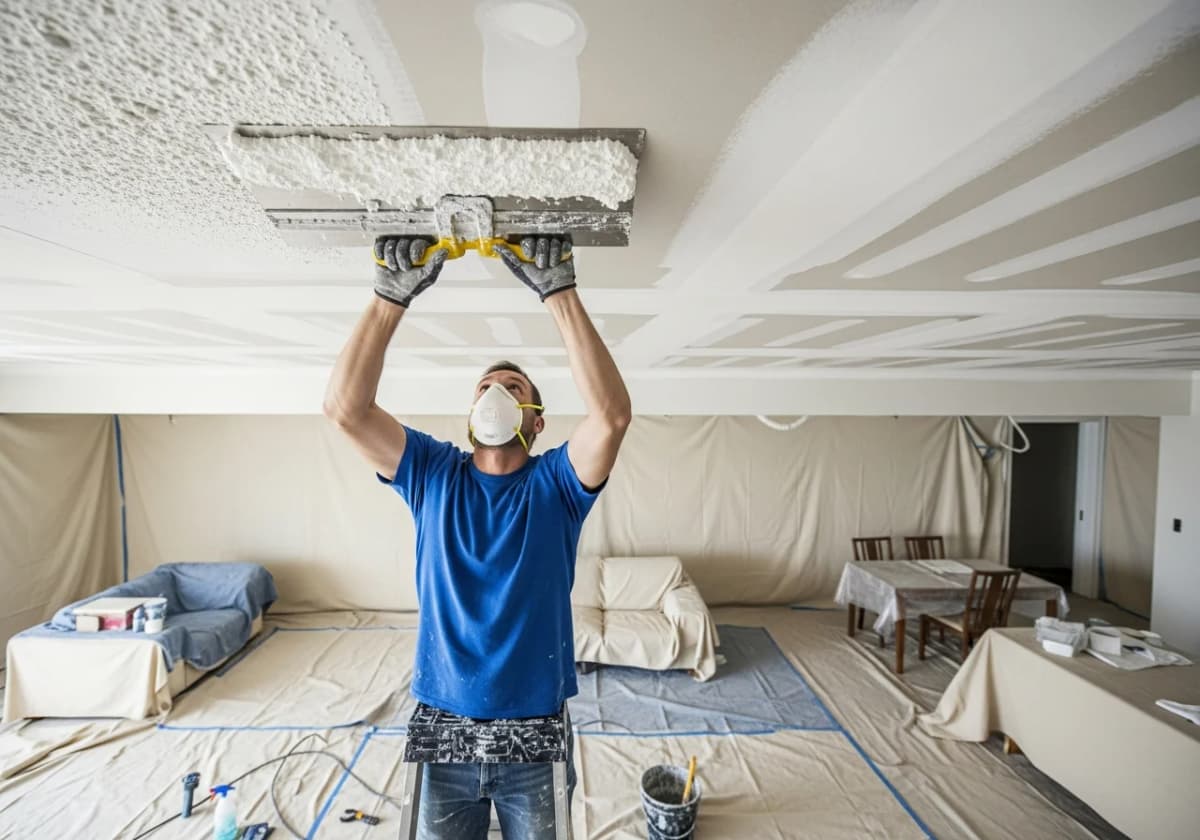 A worker wet-scraping popcorn texture from a ceiling in a Boise home with drop cloths protecting the room