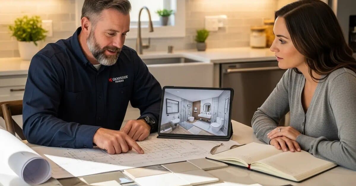 Contractor and homeowner reviewing bathroom design plans and layout blueprints at a table