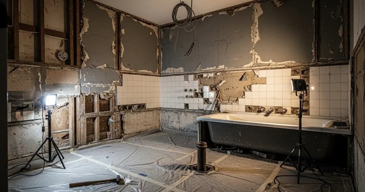 Bathroom during demolition phase with old tile removed and exposed framing and plumbing
