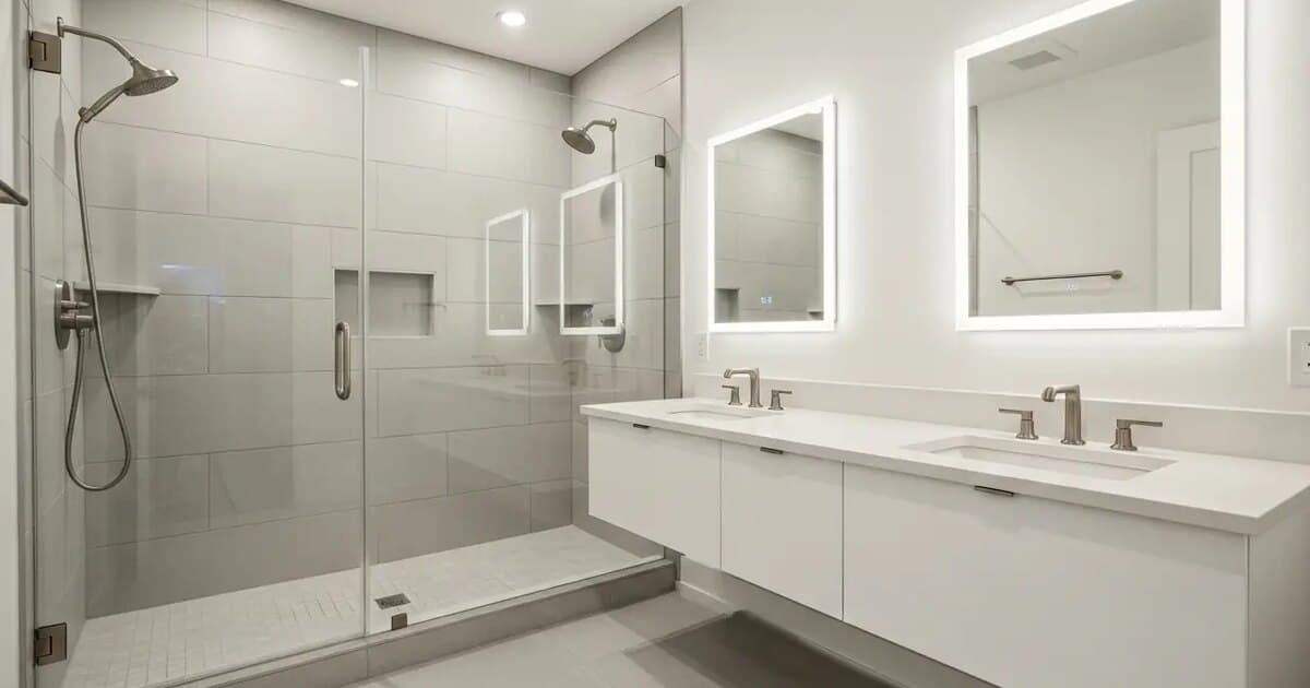 Beautifully finished modern bathroom with walk-in shower, vanity, and new fixtures
