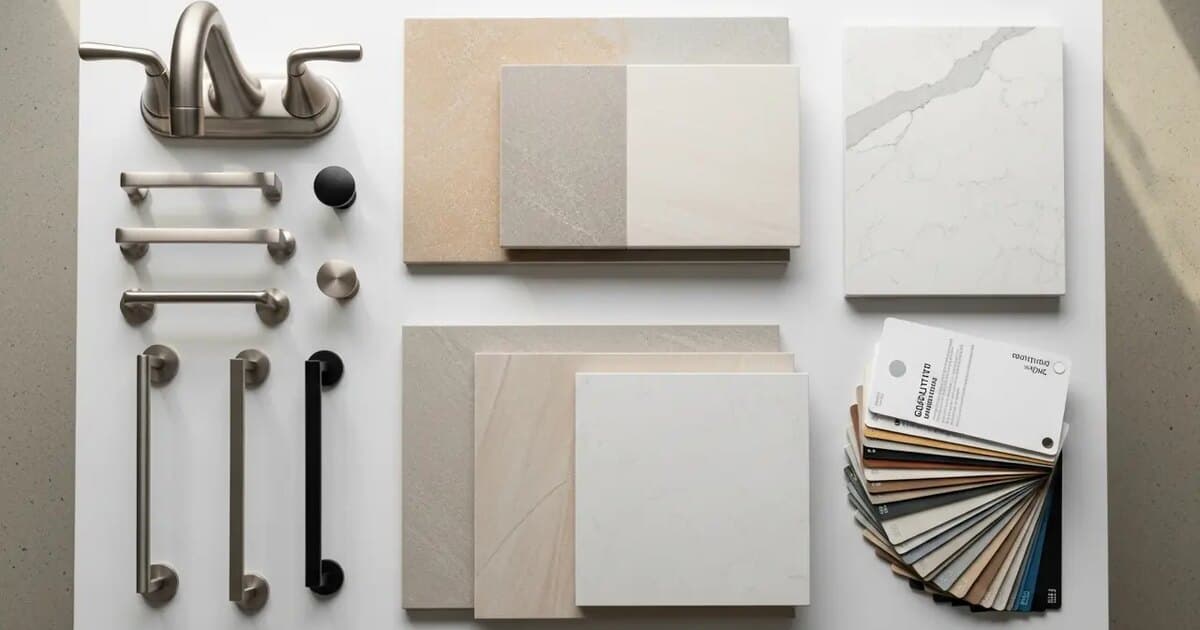 Tile samples, fixture catalogs, and vanity material options displayed on a showroom table