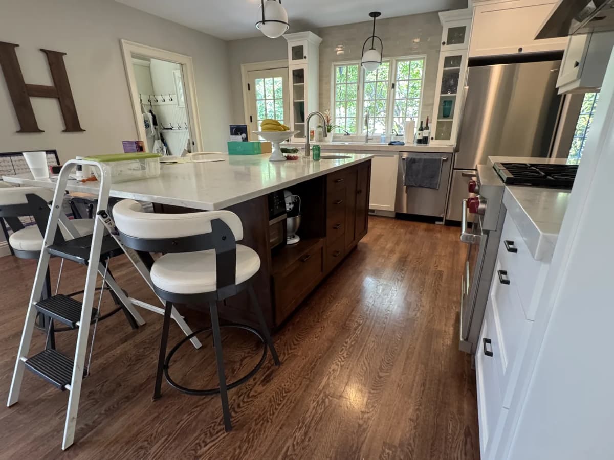 Close view of the original kitchen island countertop in an Eagle home