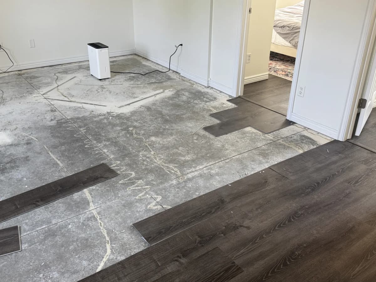 Cracked concrete basement slab with adhesive residue and leftover vinyl planks in a Meridian home