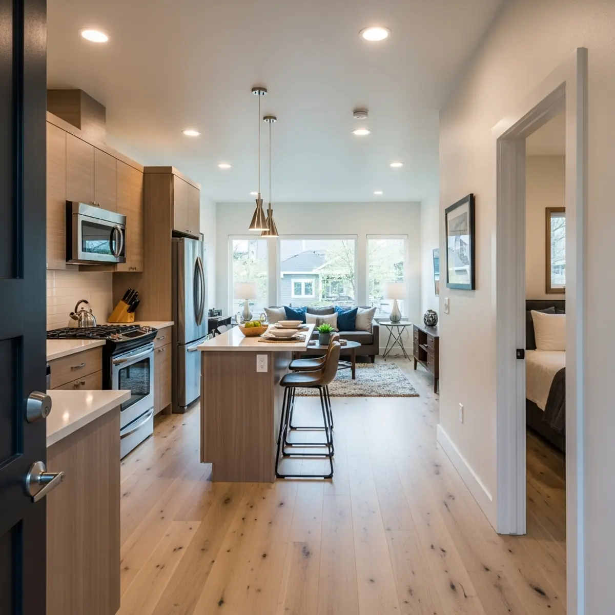 One-bedroom ADU interior with separate bedroom, living room, and full kitchen